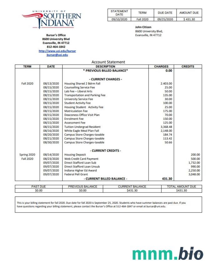 Uniwersytet Południowej Indiany USA szablon w formacie excel pdf